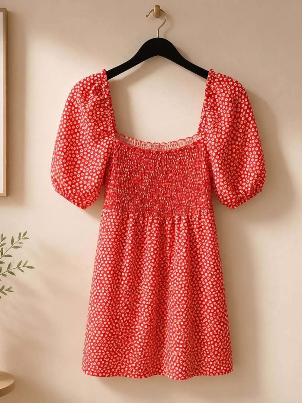 RESA Red Ditsy Puff Sleeve Smocked Mini Dress